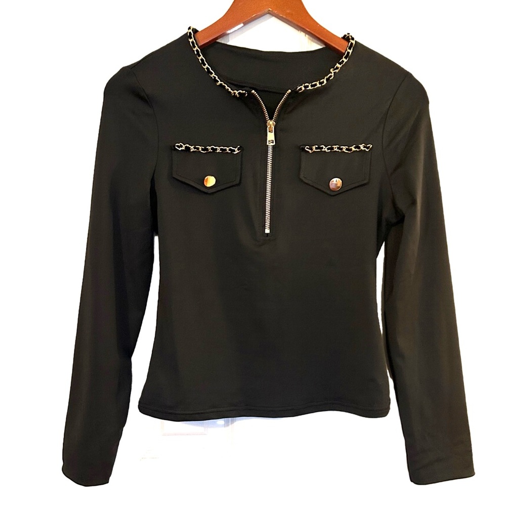 🖤 Black Long Sleeve Zip Top Gold Trim Chain Detail Size M